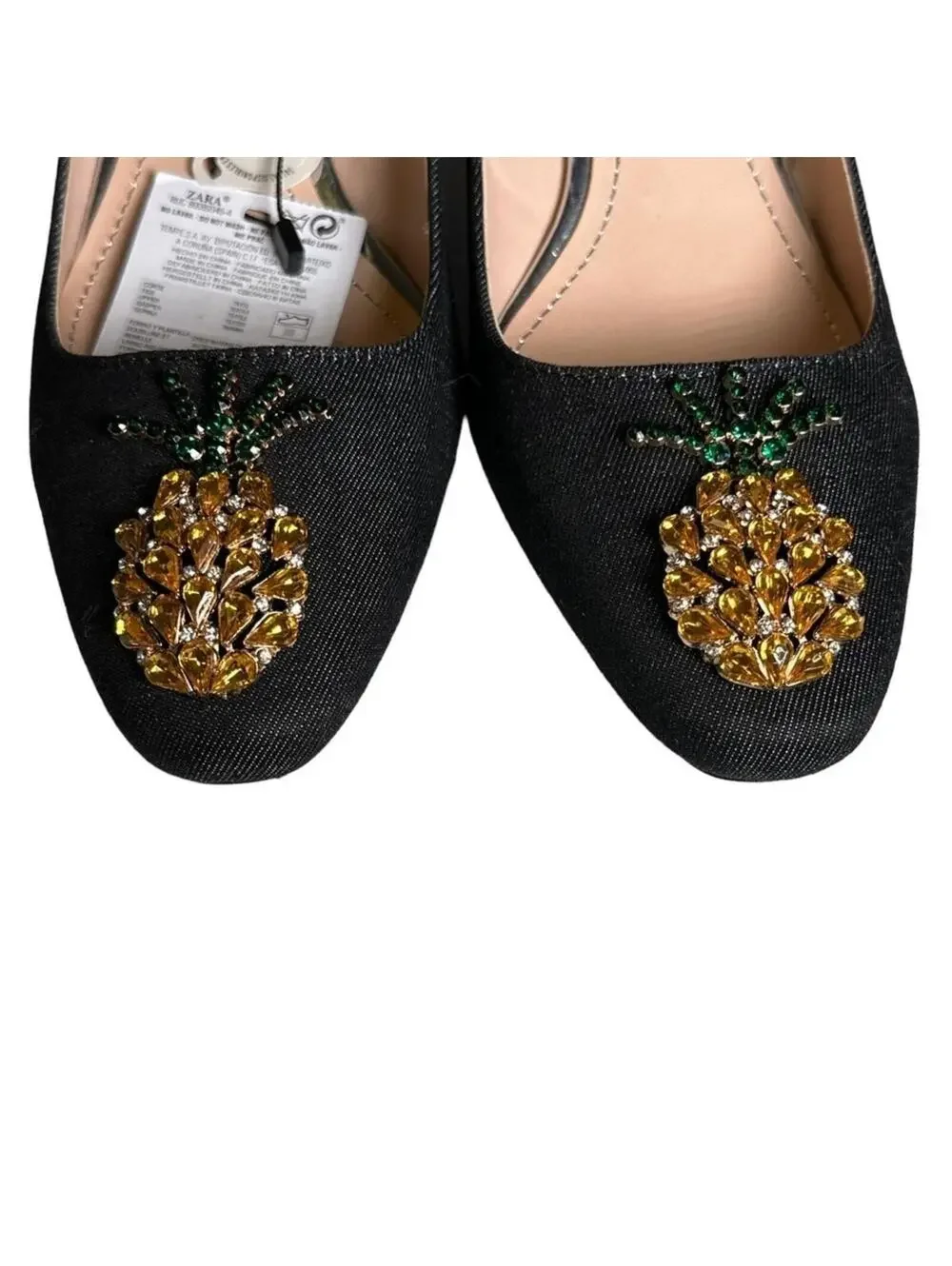Zara Pineapple Embellished Denim Block Heel Pumps NWT Sz 38